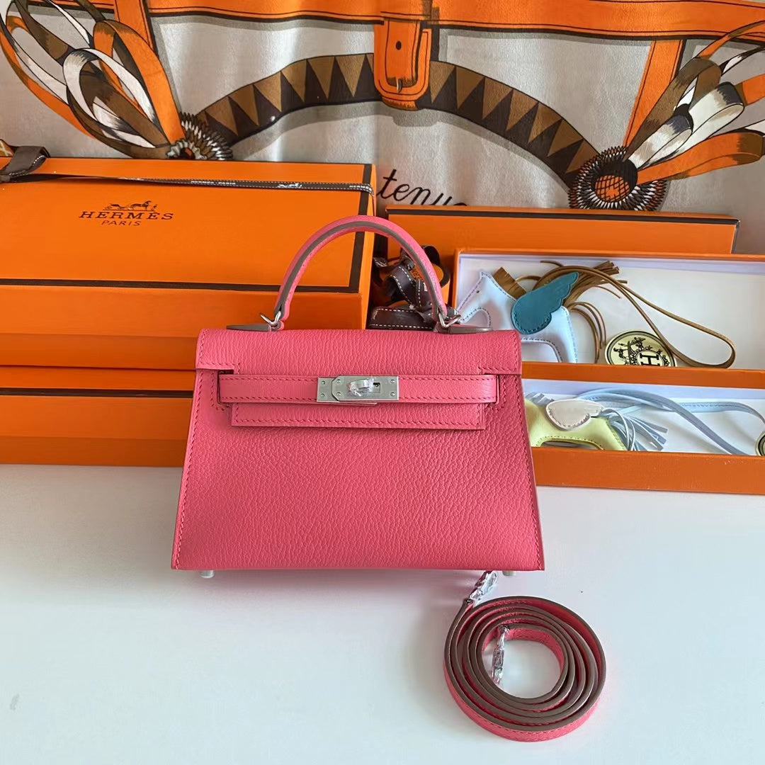 Hermes Women Mini Kelly 20 Bag Epsom Leather Silver Hardware-Rose