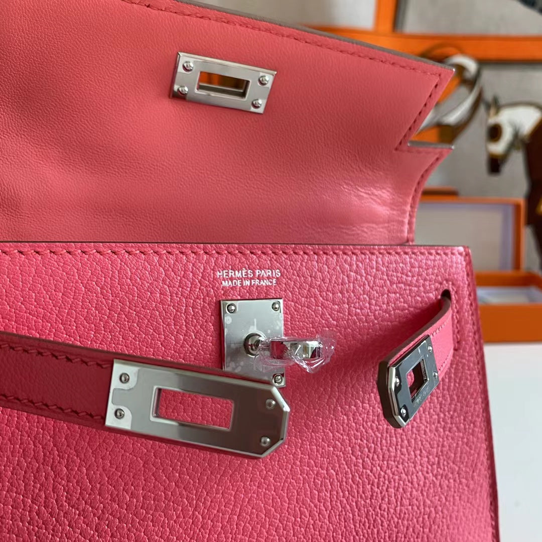 Hermes Women Mini Kelly 20 Bag Epsom Leather Silver Hardware-Rose