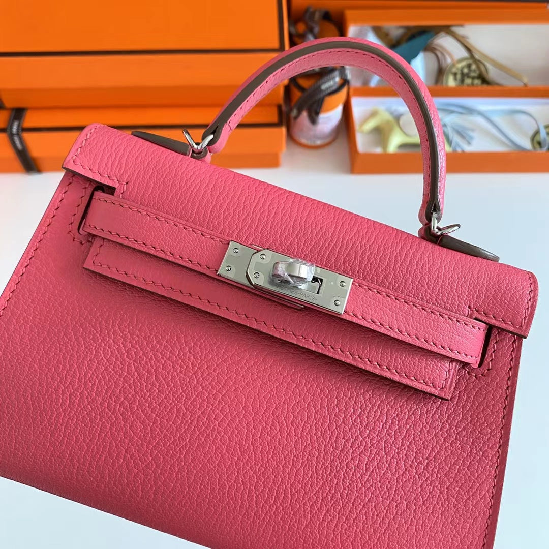 Hermes Women Mini Kelly 20 Bag Epsom Leather Silver Hardware-Rose