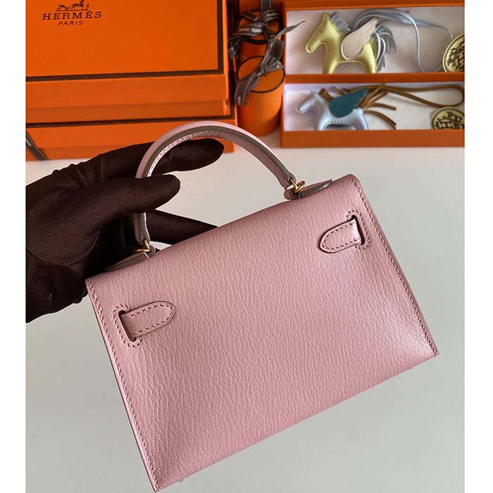 Hermes Women Mini Kelly 20 Bag Suede Leather Gold Hardware-Pink