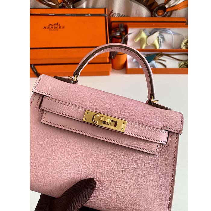 Hermes Women Mini Kelly 20 Bag Suede Leather Gold Hardware-Pink