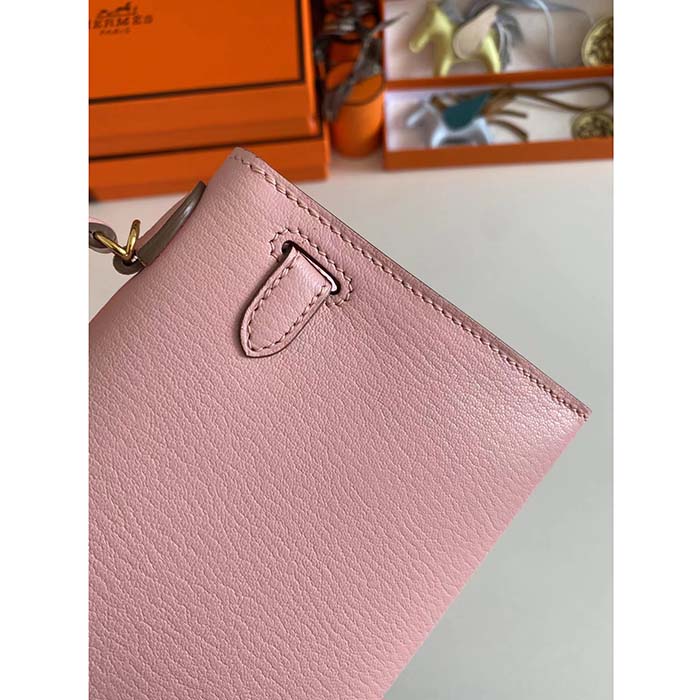 Hermes Women Mini Kelly 20 Bag Suede Leather Gold Hardware-Pink