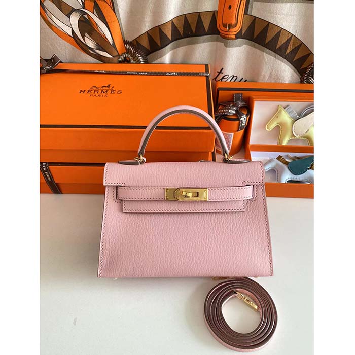 Hermes Women Mini Kelly 20 Bag Suede Leather Gold Hardware-Pink