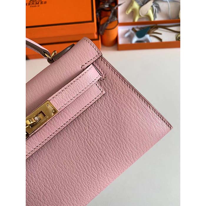 Hermes Women Mini Kelly 20 Bag Suede Leather Gold Hardware-Pink