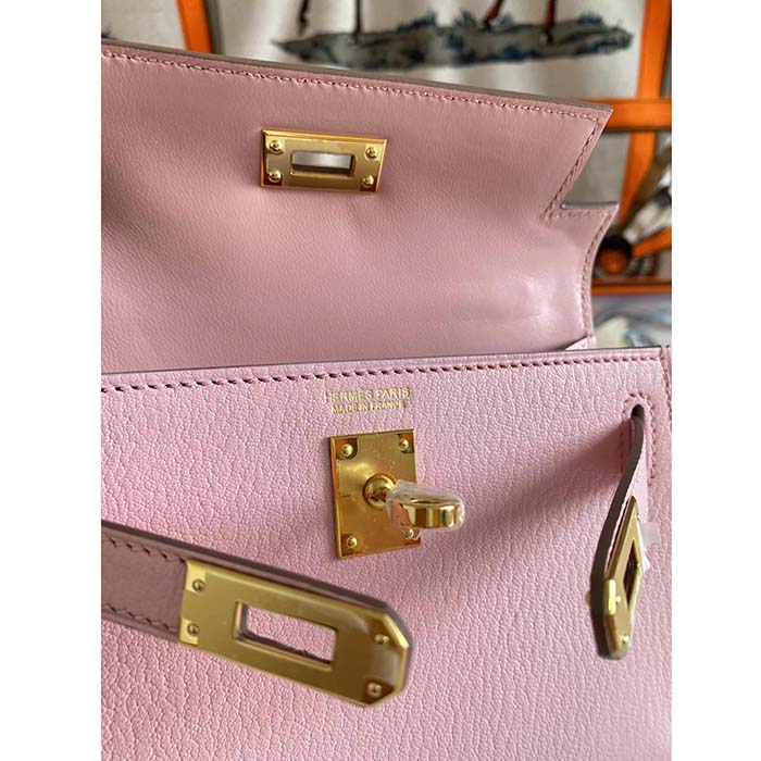 Hermes Women Mini Kelly 20 Bag Suede Leather Gold Hardware-Pink