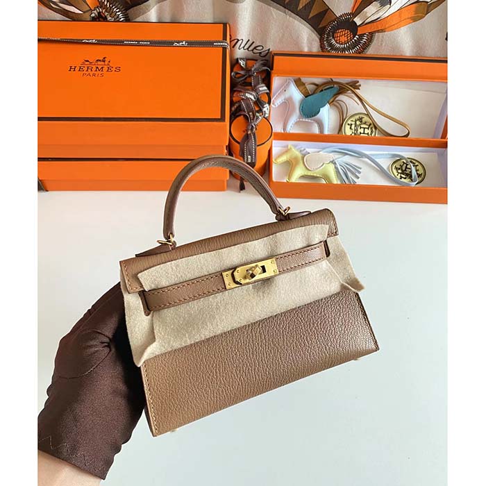 Hermes Women Mini Kelly 20 Bag in Togo Leather with Gold Hardware-Brown