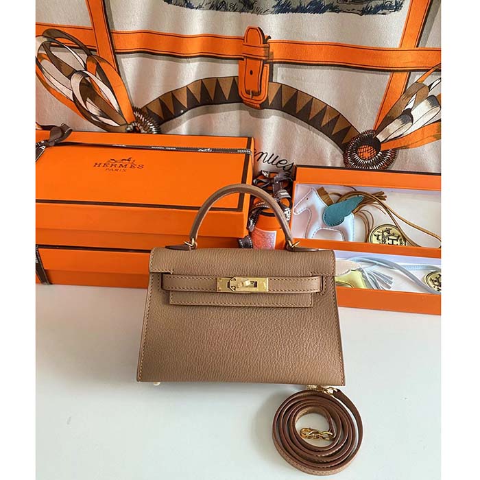 Hermes Women Mini Kelly 20 Bag in Togo Leather with Gold Hardware-Brown