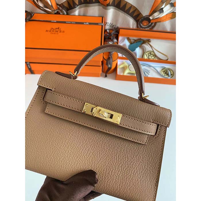 Hermes Women Mini Kelly 20 Bag in Togo Leather with Gold Hardware-Brown