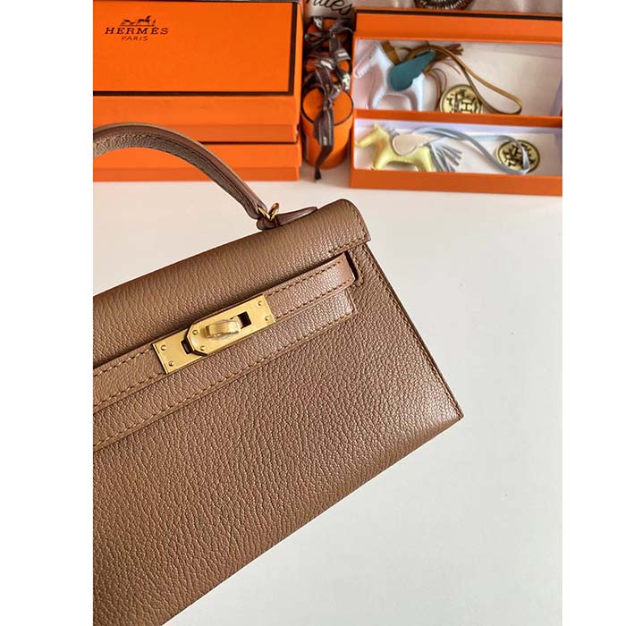 Hermes Women Mini Kelly 20 Bag in Togo Leather with Gold Hardware-Brown