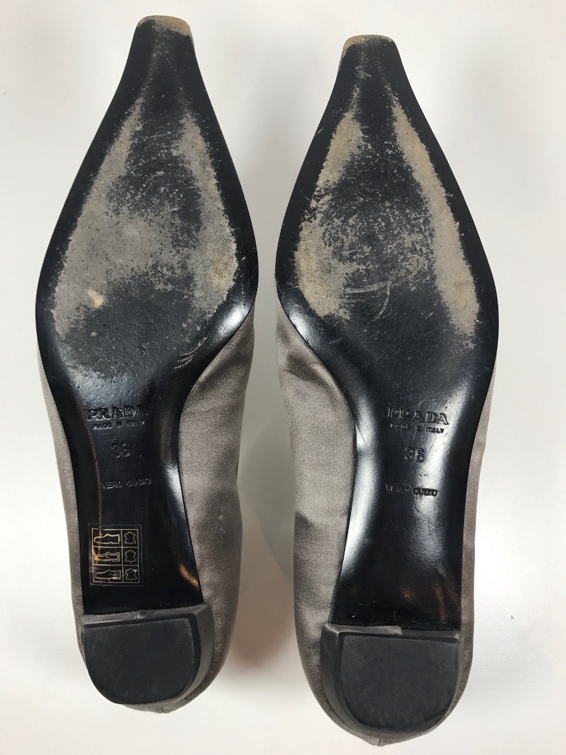 PRADA Silver Satin Pointed Toe Flats w/ Floral Lining Size 36