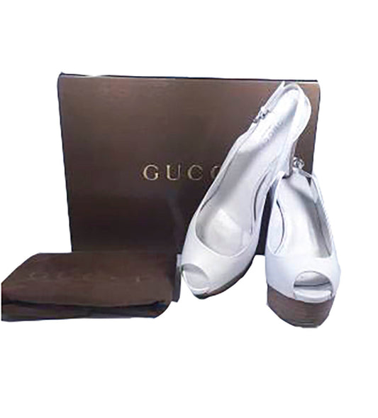 GUCCI White Wooden Platform Peep Toe Wedge Shoes with Box Size 7