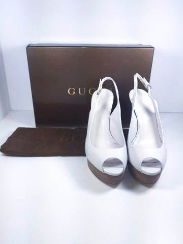 GUCCI White Wooden Platform Peep Toe Wedge Shoes with Box Size 7