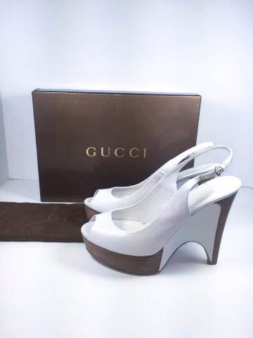 GUCCI White Wooden Platform Peep Toe Wedge Shoes with Box Size 7