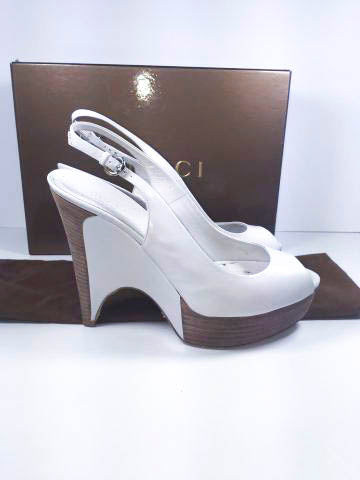 GUCCI White Wooden Platform Peep Toe Wedge Shoes with Box Size 7