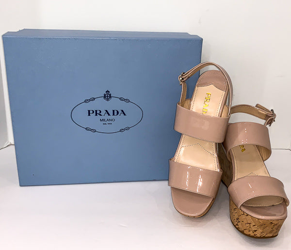 PRADA Nude Patent Leather Cork Wedges Size 37