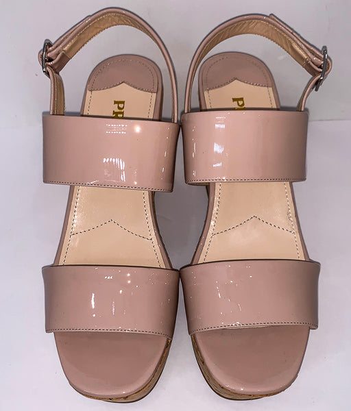 PRADA Nude Patent Leather Cork Wedges Size 37