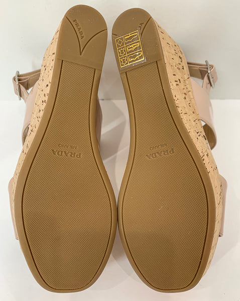 PRADA Nude Patent Leather Cork Wedges Size 37