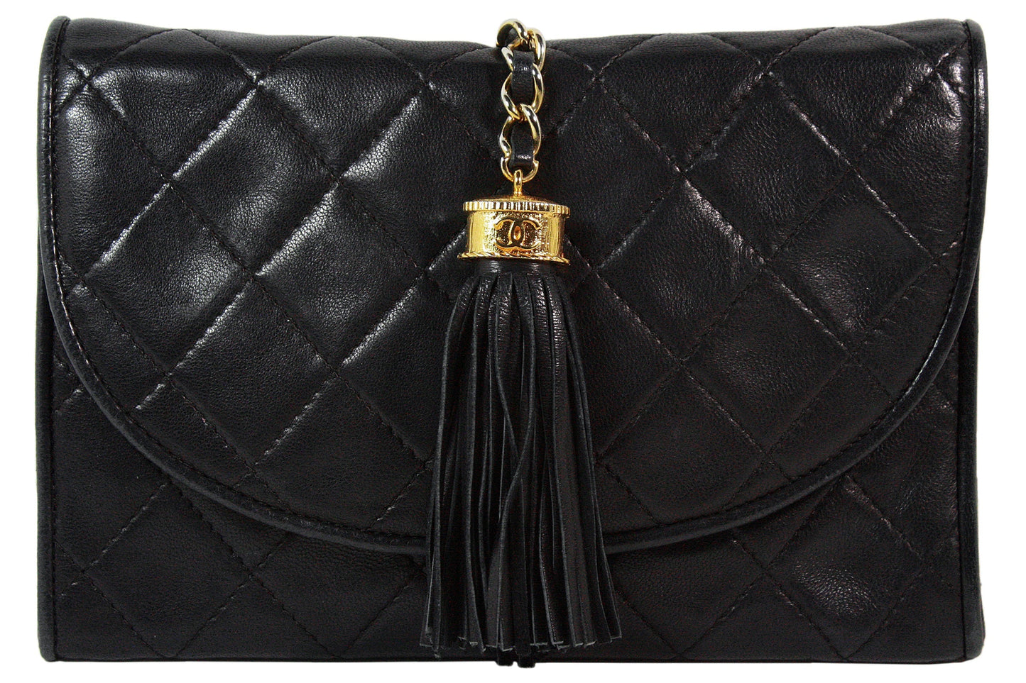 CHANEL 1990s Quilted Black Leather Crossbody Bag with Tassel