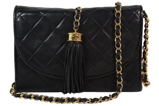 CHANEL 1990s Quilted Black Leather Crossbody Bag with Tassel