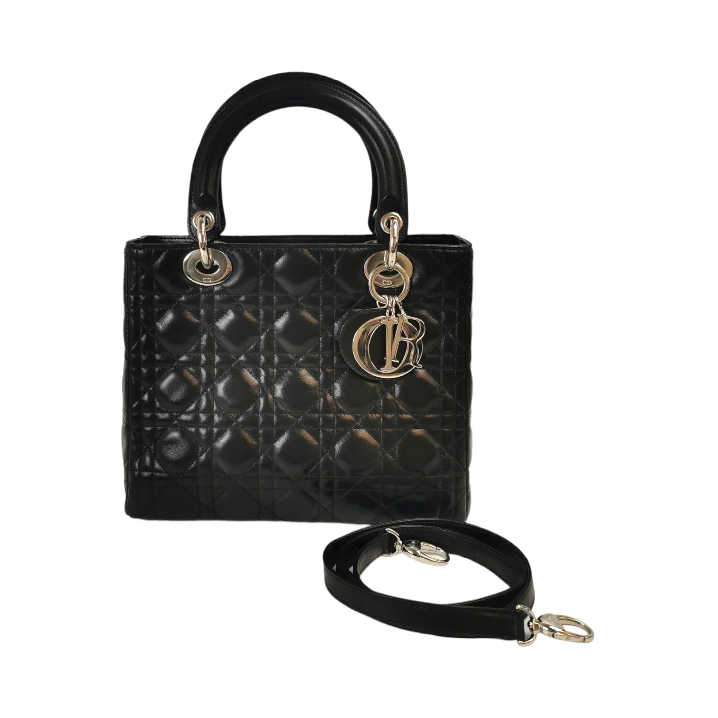 Dior Lady Dior Medium Black Cannage Lambskin Silver