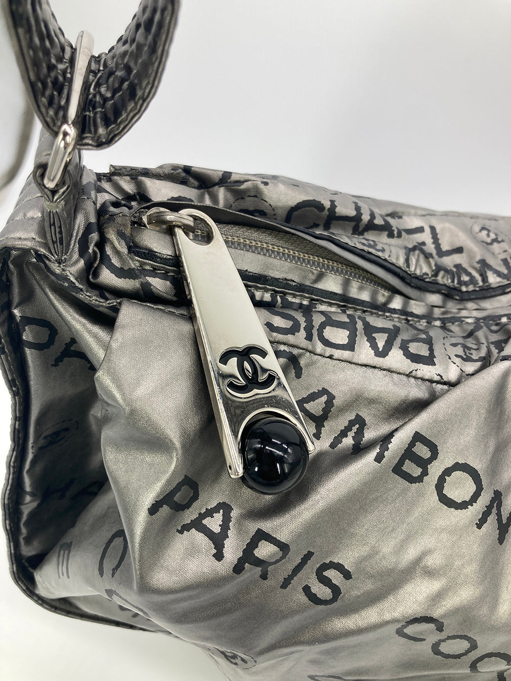 Vintage Chanel Silver Nylon Unlimited 31 Rue Cambon Shoulder Bag