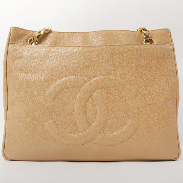 Chanel Around 1995 Made Caviar Skin Turn-Lock Tote Bag Beige