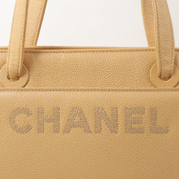 Chanel Around 1998 Made Caviar Skin Logo Embroidered Tote Bag Beige