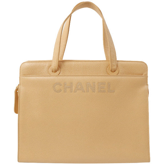 Chanel Around 1998 Made Caviar Skin Logo Embroidered Tote Bag Beige