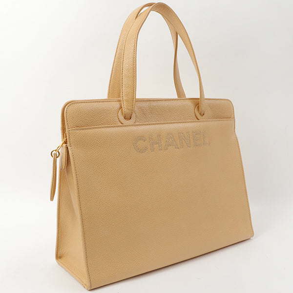 Chanel Around 1998 Made Caviar Skin Logo Embroidered Tote Bag Beige