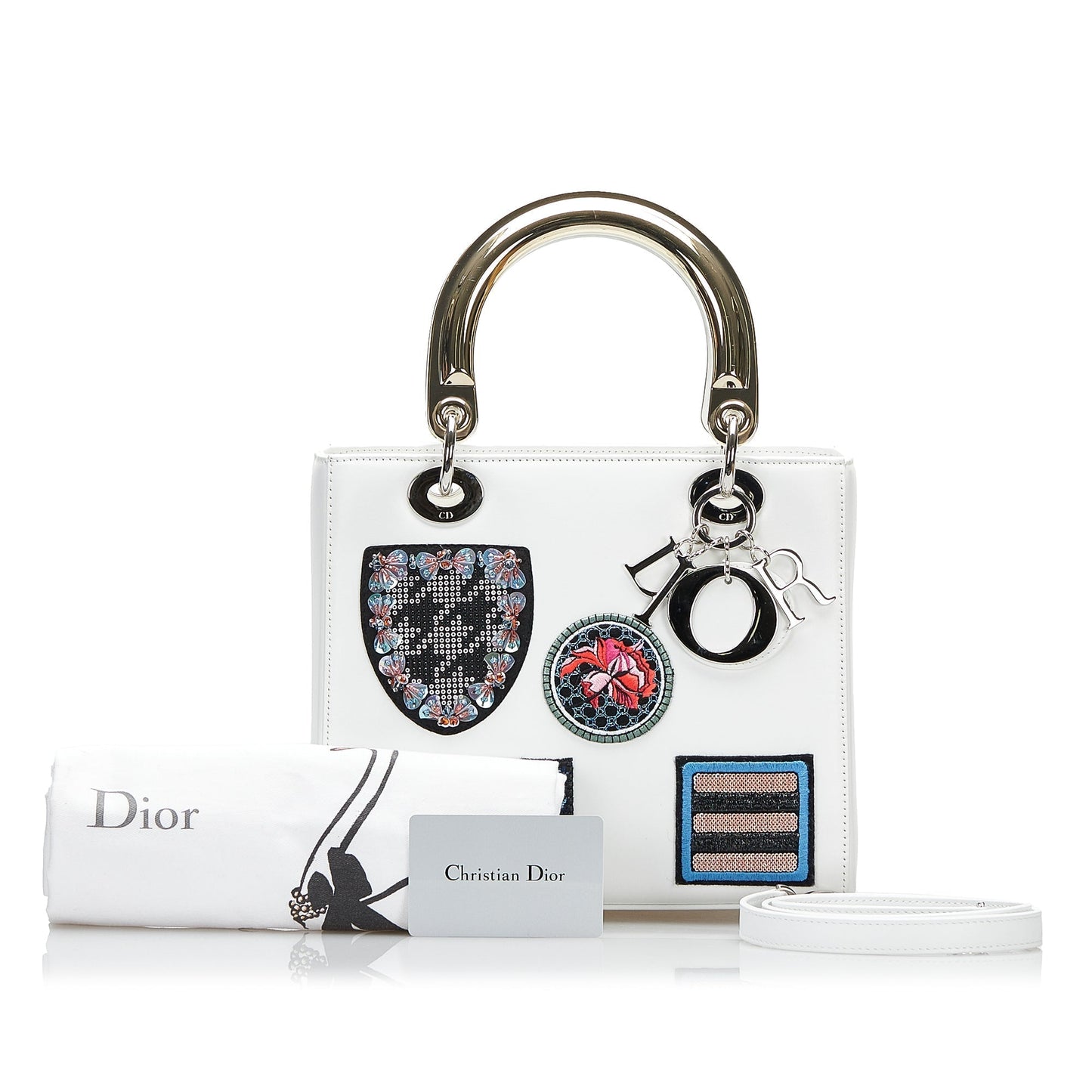 Dior Lady Dior Medium White Patch Embellished Leather Silver