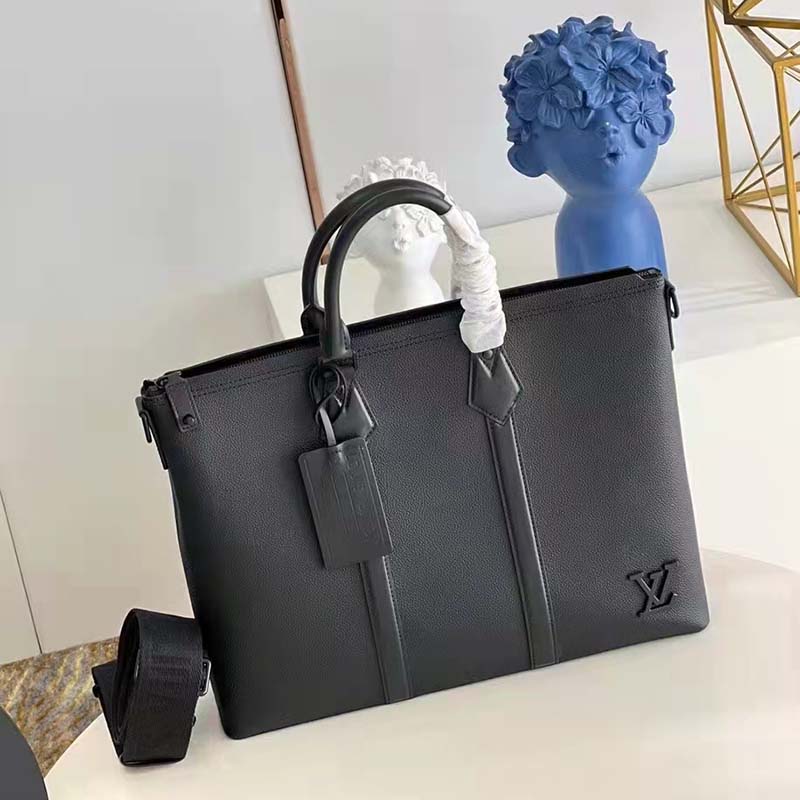 Louis Vuitton LV Unisex Lock It Tote Bag Black Grained Calf Cowhide Leather