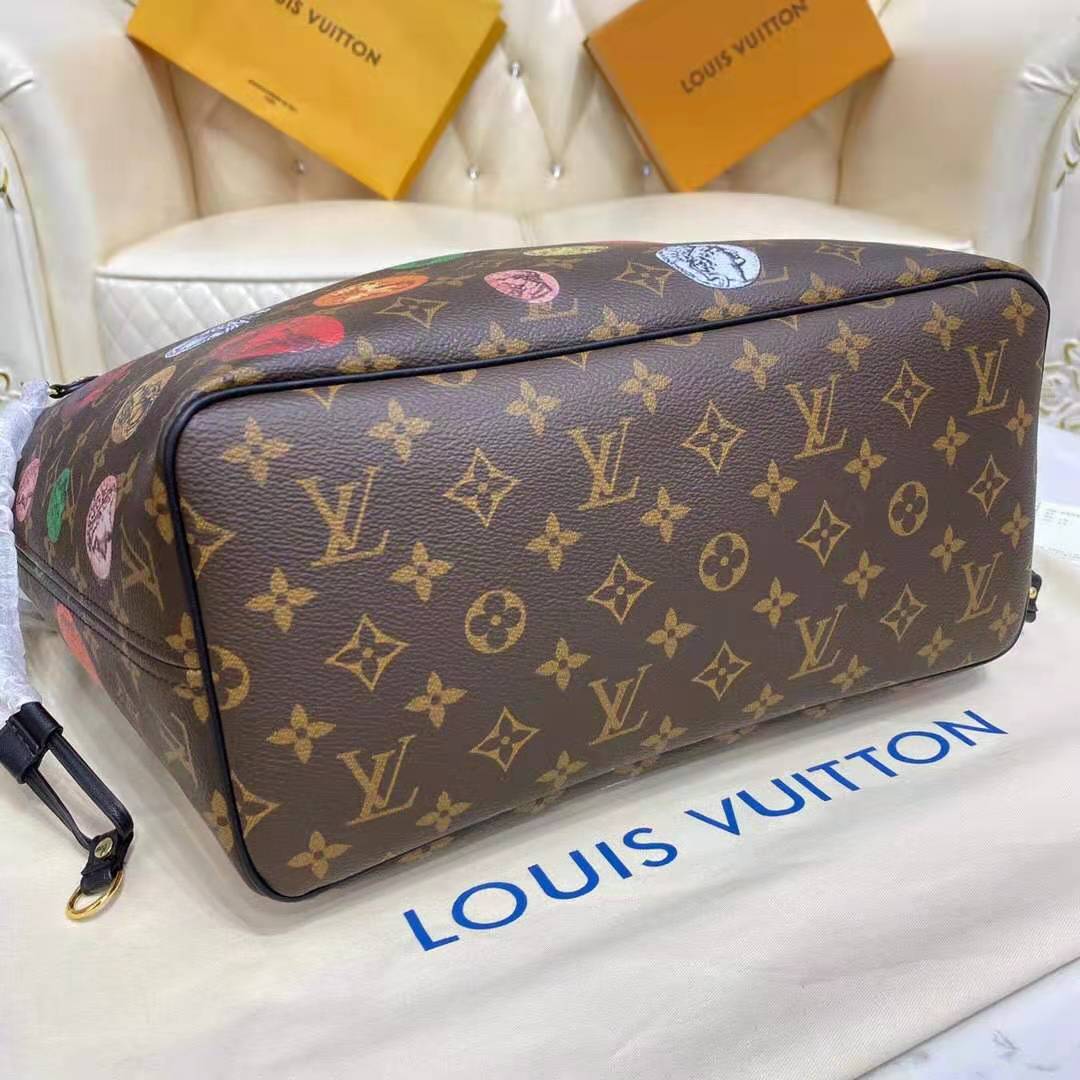 Louis Vuitton LV Unisex Neverfull MM Tote Monogram Cameo Printed Canvas Cowhide Leather