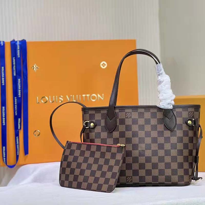 Louis Vuitton LV Unisex Neverfull PM Tote Brown Damier Ebene Coated Canvas