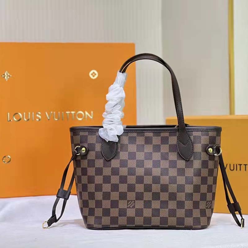 Louis Vuitton LV Unisex Neverfull PM Tote Brown Damier Ebene Coated Canvas