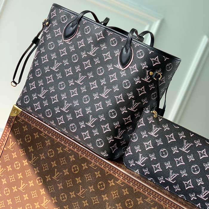 Louis Vuitton LV Women Neverfull MM Tote Bag Black Monogram Coated Canvas