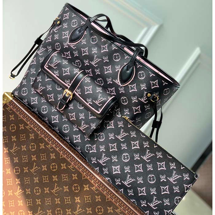 Louis Vuitton LV Women Neverfull MM Tote Bag Black Monogram Coated Canvas