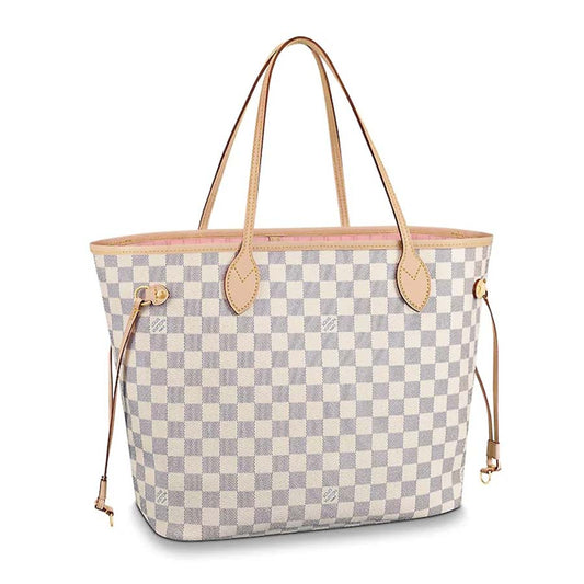 Louis Vuitton LV Women Neverfull MM Tote Bag in Damier Azur Canvas-Pink