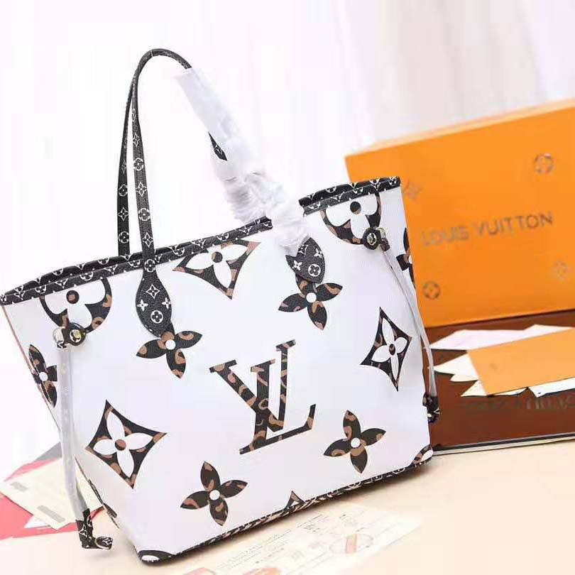 Louis Vuitton LV Women Neverfull MM Tote Bag in Monogram Canvas-White