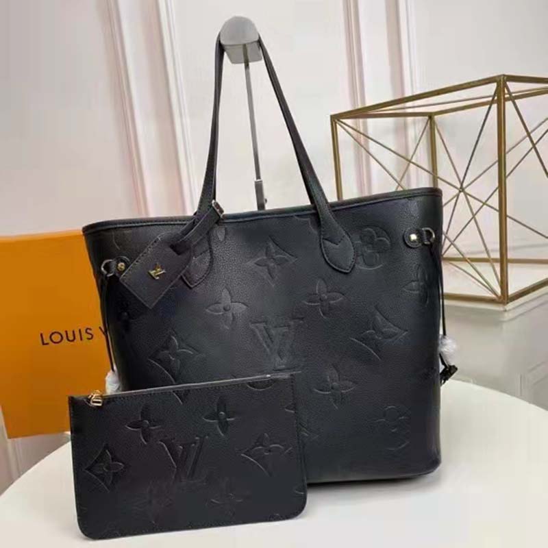 Louis Vuitton LV Women Neverfull MM Tote Black Embossed Cowhide Leather