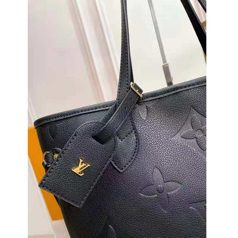 Louis Vuitton LV Women Neverfull MM Tote Black Embossed Cowhide Leather