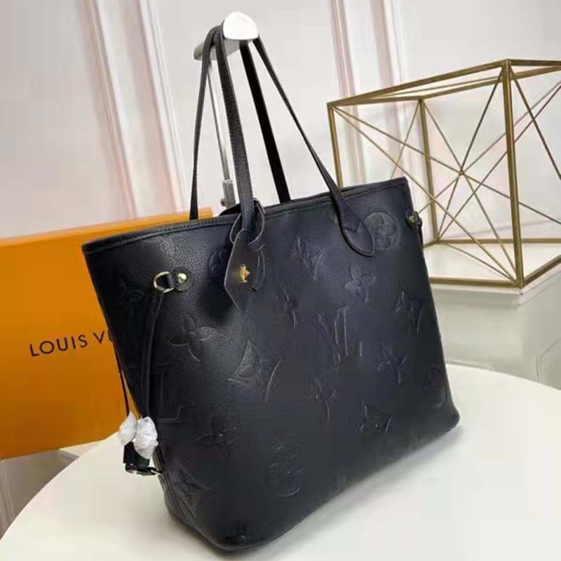 Louis Vuitton LV Women Neverfull MM Tote Black Embossed Cowhide Leather