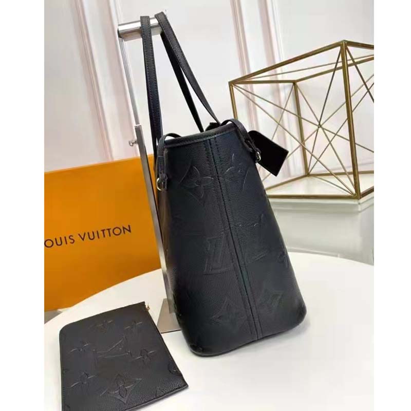 Louis Vuitton LV Women Neverfull MM Tote Black Embossed Cowhide Leather