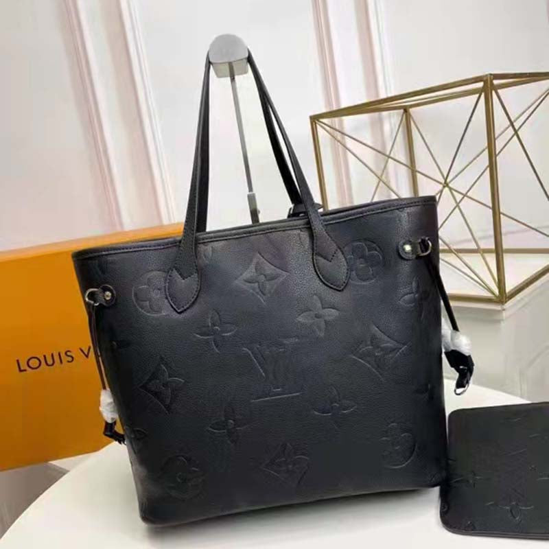 Louis Vuitton LV Women Neverfull MM Tote Black Embossed Cowhide Leather