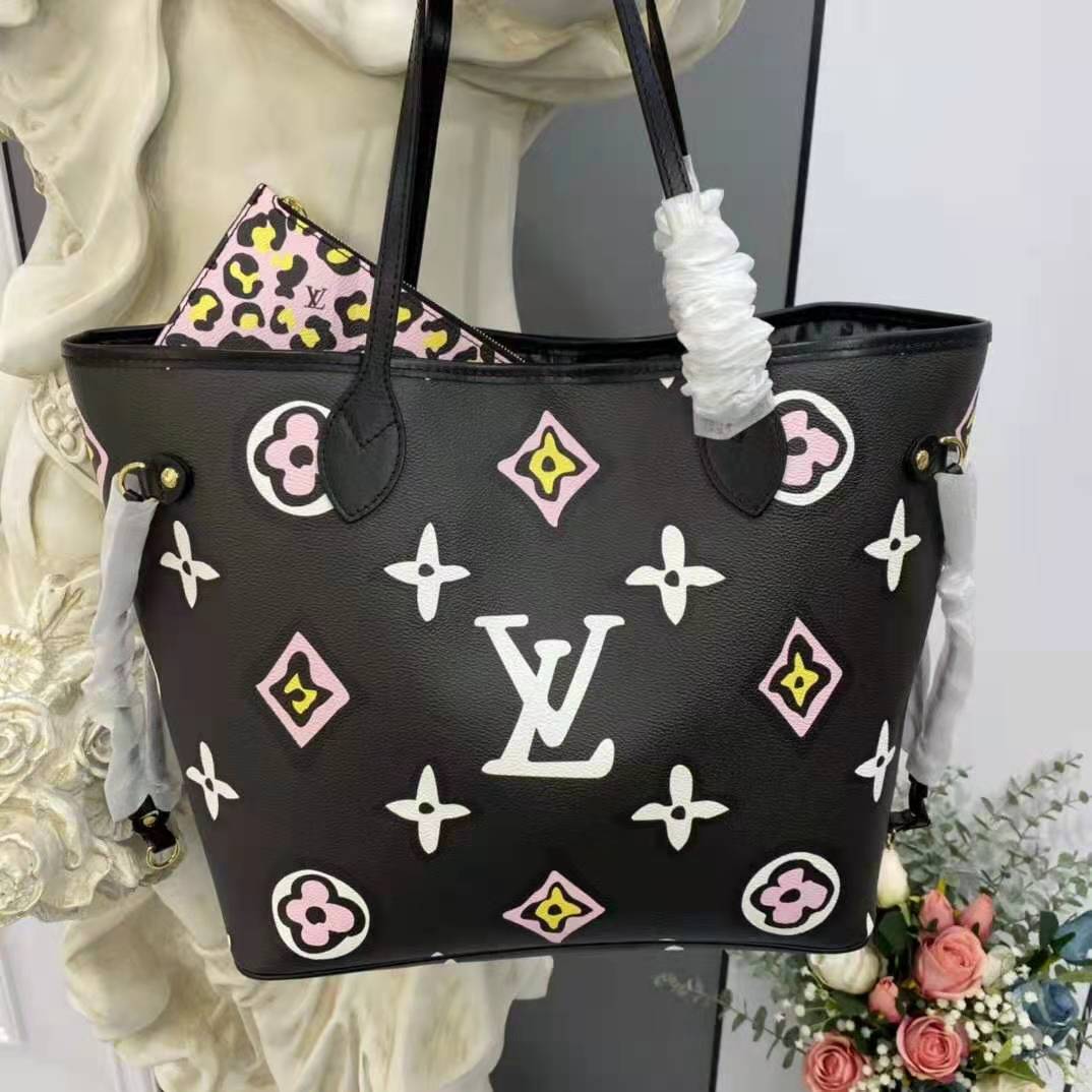 Louis Vuitton LV Women Neverfull MM Tote Black Monogram Coated Canvas Cowhide Leather