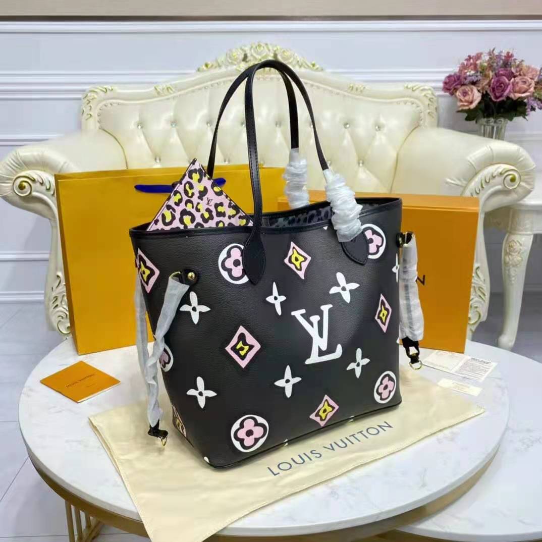 Louis Vuitton LV Women Neverfull MM Tote Black Monogram Coated Canvas Cowhide Leather