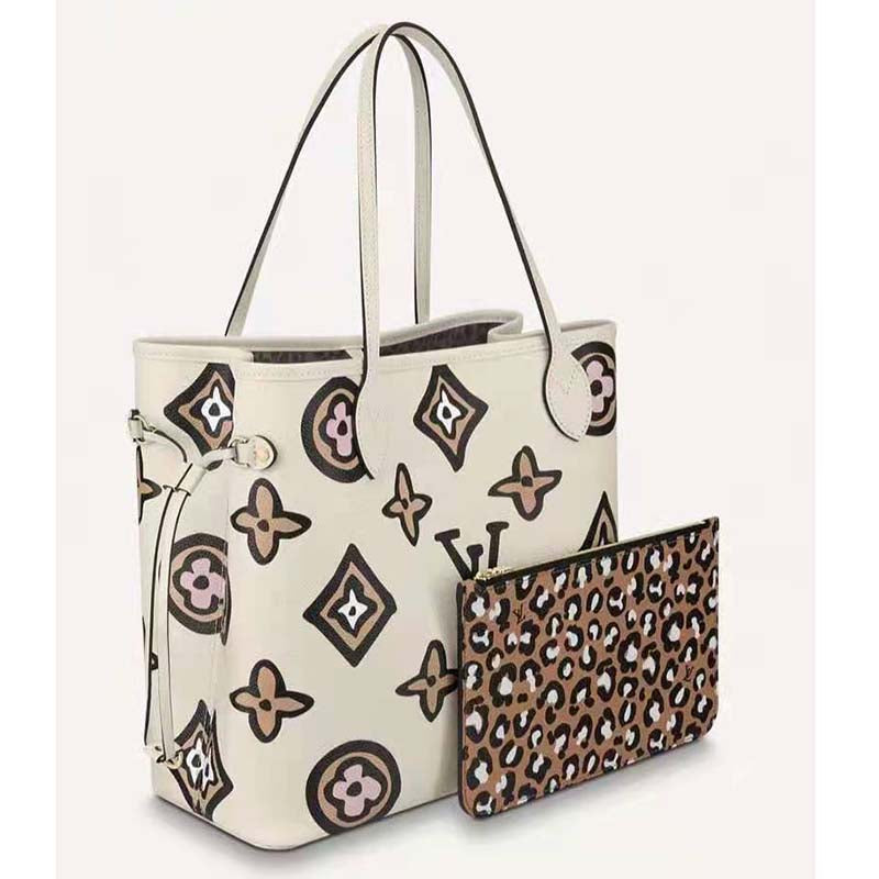 Louis Vuitton LV Women Neverfull MM Tote Cream Monogram Coated Canvas Cowhide Leather