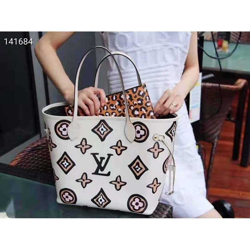 Louis Vuitton LV Women Neverfull MM Tote Cream Monogram Coated Canvas Cowhide Leather