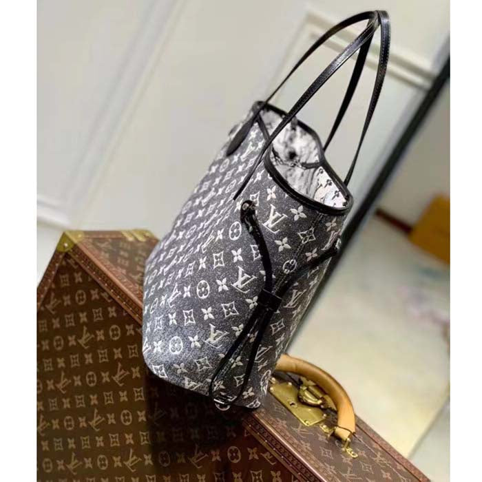 Louis Vuitton LV Women Neverfull MM Tote Gray Denim Textile Jacquard