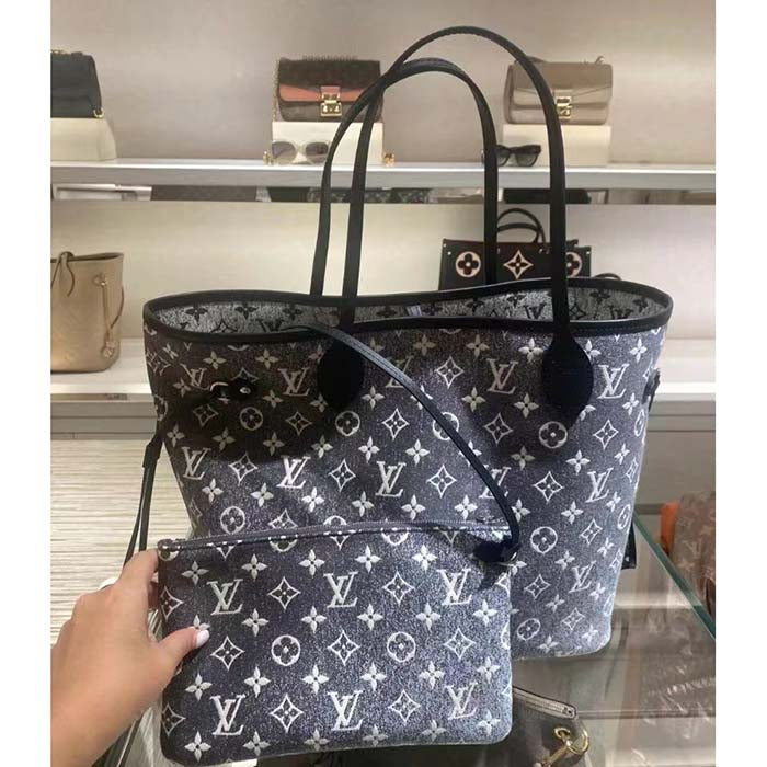 Louis Vuitton LV Women Neverfull MM Tote Gray Denim Textile Jacquard