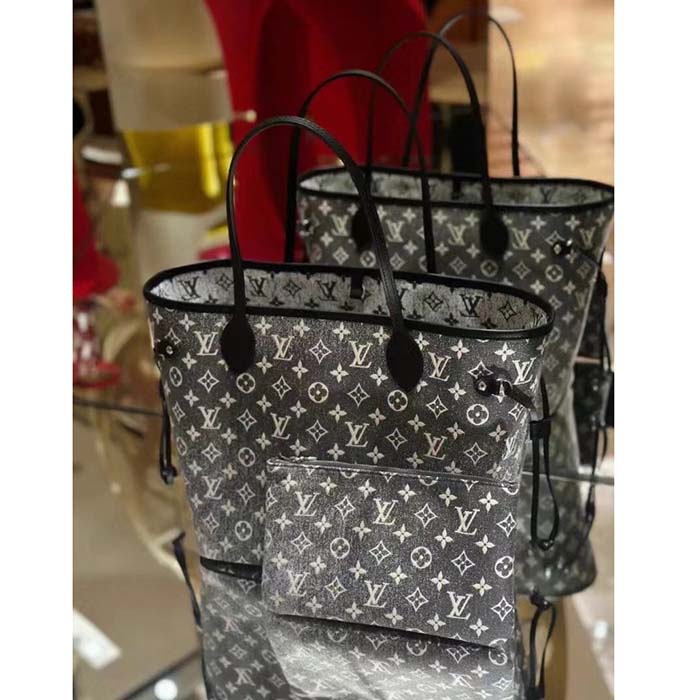 Louis Vuitton LV Women Neverfull MM Tote Gray Denim Textile Jacquard